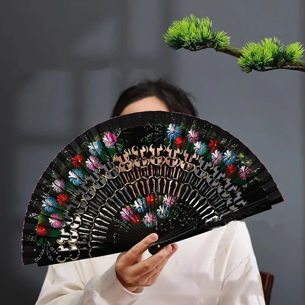 Traditional Classic Hand-painted Fan Colorful Hand Crafted Chinese Style Fan Antique Decorative Folding Fan Photography Prop Oasis Select Black