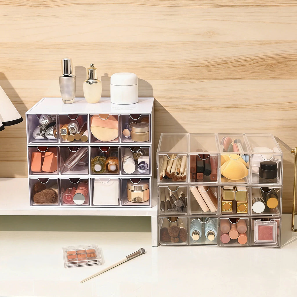 1pc one layer four grid transparent/white acrylic cosmetics storage box, stackable drawer style dressing table display box Oasis Select