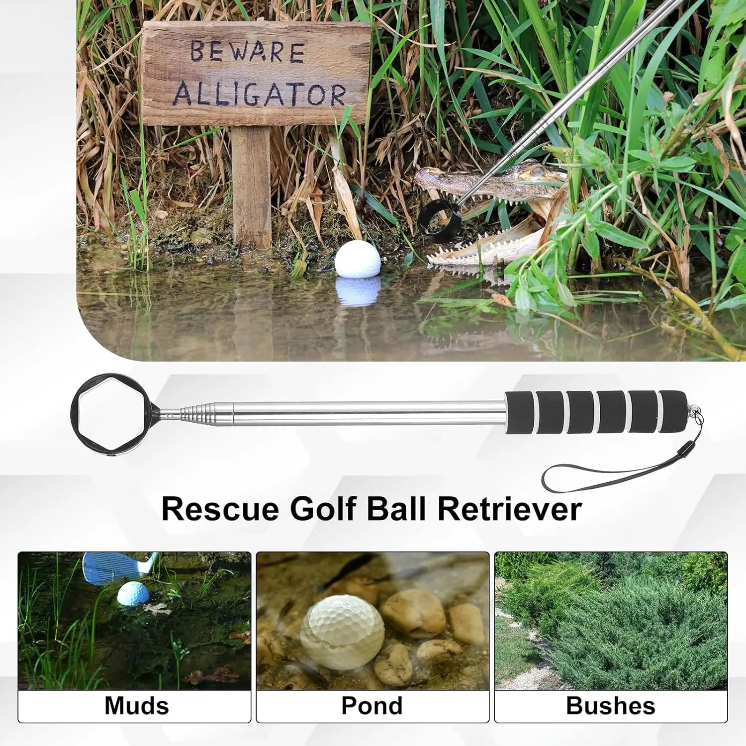 Telescopic Golf Ball Retriever Extendable Aluminum Shaft Lightweight Grabber Lanyard Pond Lake Water Hazard Golf Accessories Oasis Select