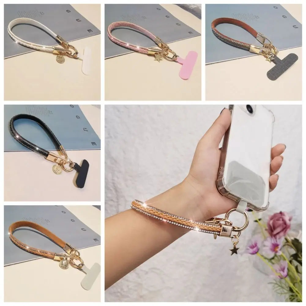PU Leather Leather Wrist Mobile Phone Lanyard Anti-loss Short Leather Durable Portable Pendant Chain Portable Rhinestone Oasis Select