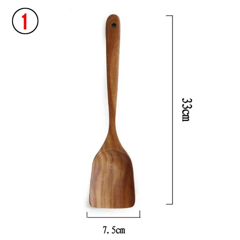 7pcs/set Teak Natural Wood Tableware Spoon Ladle Turner Rice Colander Soup Skimmer Cooking Spoon Scoop Kitchen Reusable Tool Kit Oasis Select 1