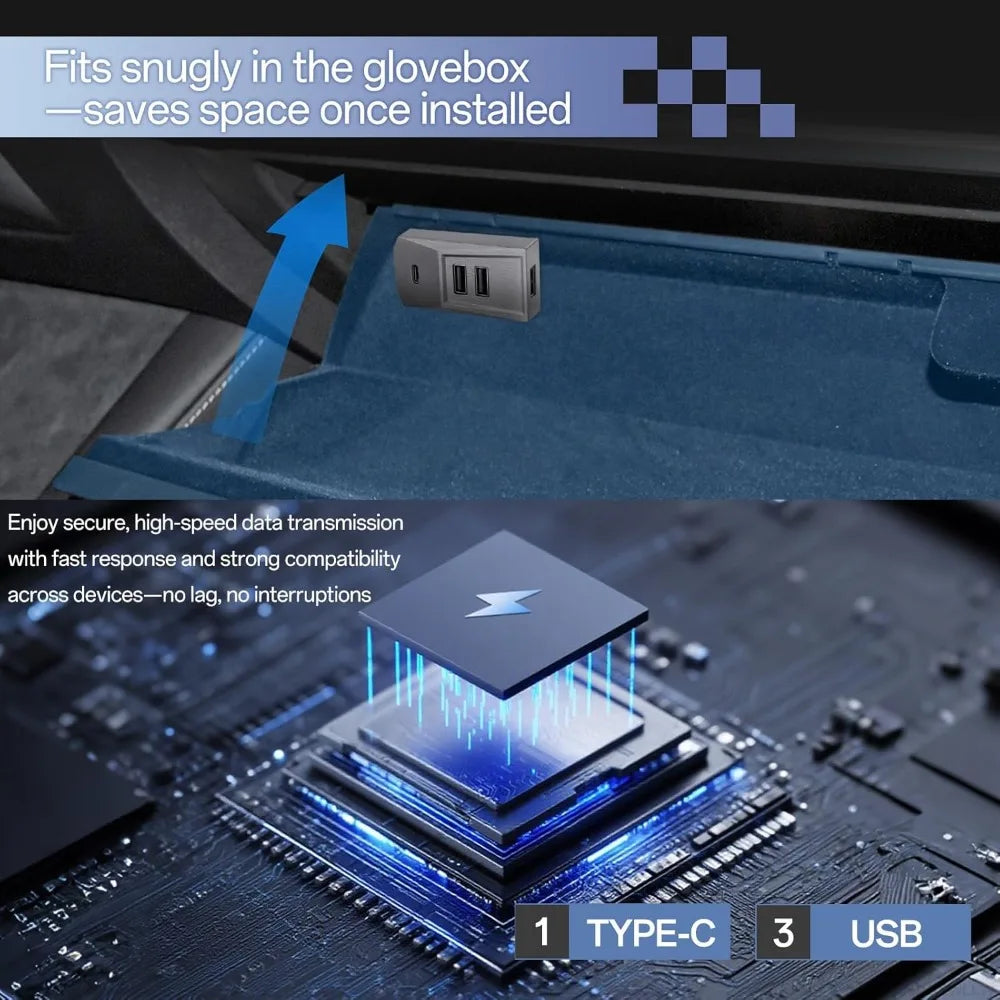 Custom Fit Easy Install Glovebox USB Hub For Tesla Model YL Y Juniper Launch Model 3 Highland Type-C Splitter Docking Station Oasis Select
