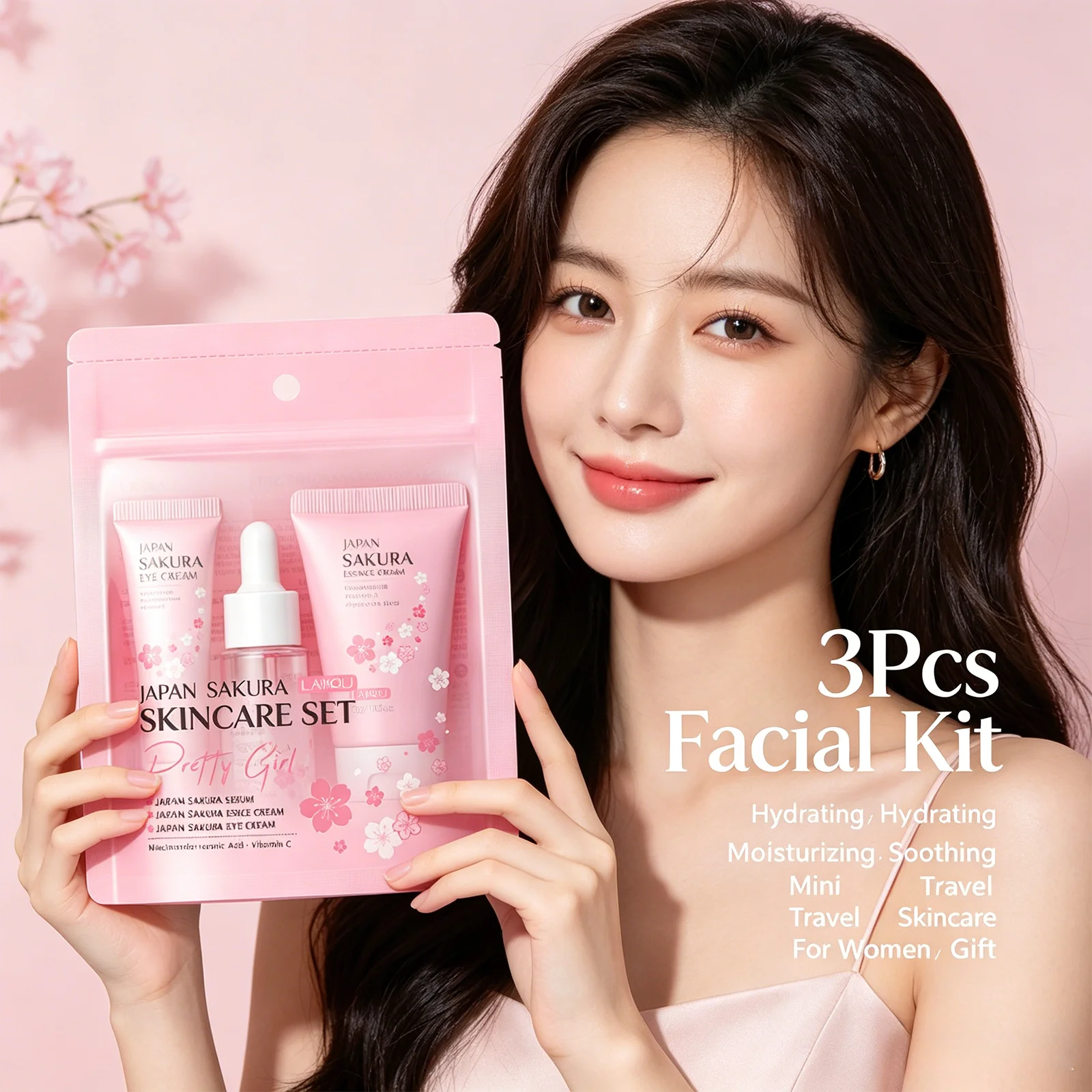 LAIKOU Sakura 3Pcs Facial Kit Face Cream Serum Eye Cream Hydrating Moisturizing Soothing Mini Travel Skincare For Women Gift Oasis Select