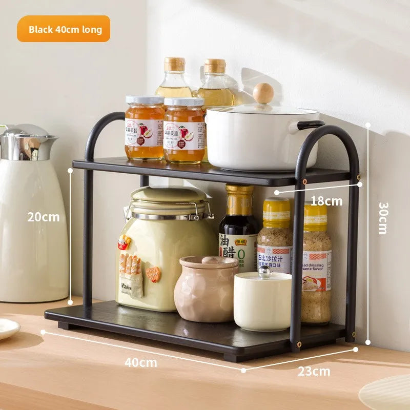 Double-layer kitchen seasoning rack rack household seasoning salt tank multi-functional multi-layer storage rack Oasis Select Black 40 long