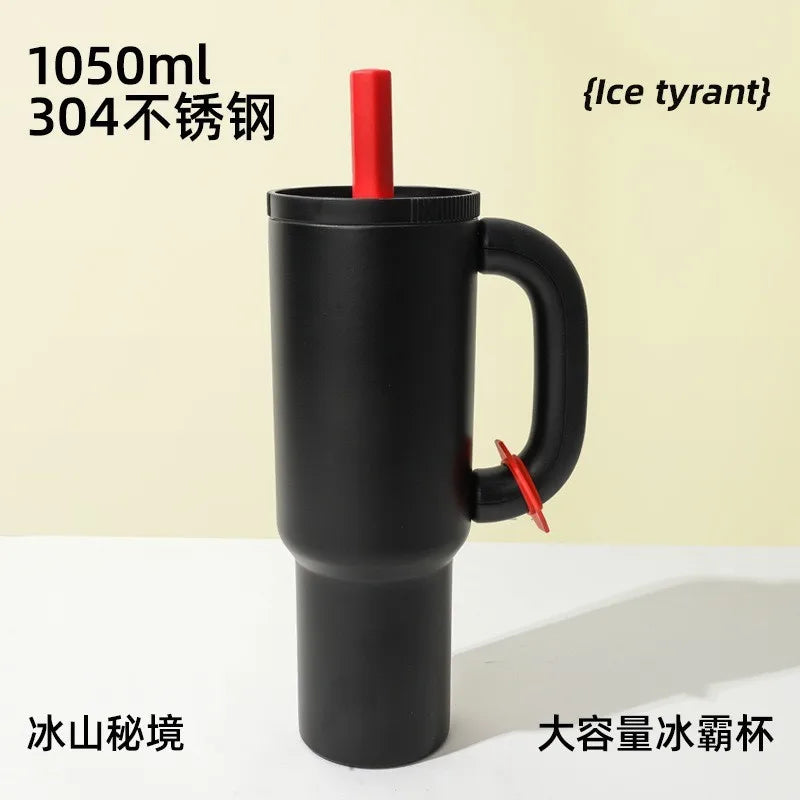 1050ml Insulated Mug with Handle and Straw Ice Cup Large Capacity Tumbler Stainless Steel Water Bottle Office Home Thermal Mug Oasis Select Black 40oz