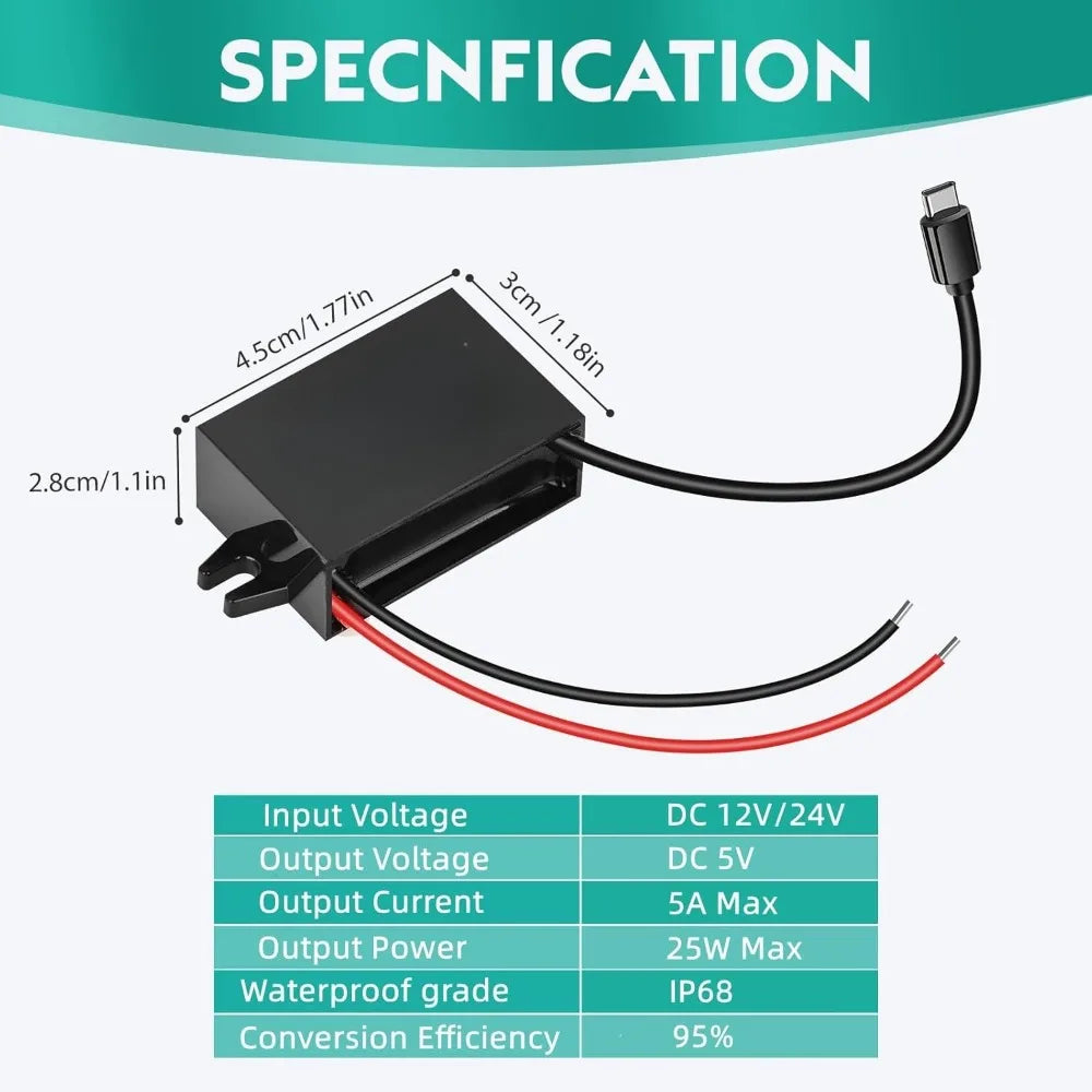 DC 12V/24V To 5V Step Down Converter Type-C Interface 5A IP68 Waterproof Buck Module Power Adapter Compatible With Cell Phones Oasis Select