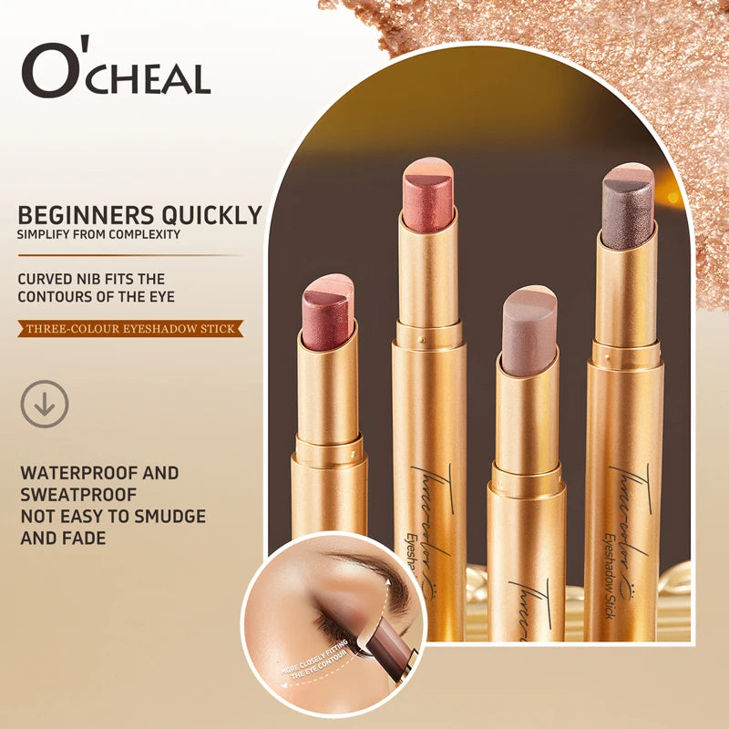 O'CHEAL Three Color Eye Shadow Stick Gradient Delicate Shiny Waterproof Glitter Eye Shadow Waterproof Long-Lasting Eye Cosmetics Oasis Select