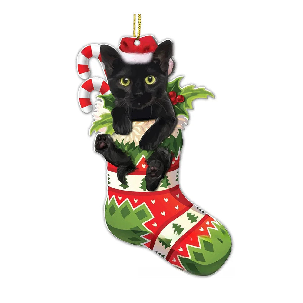 2D Acrylic Funny Cat Christmas Ornament | Santa Hat Pendant