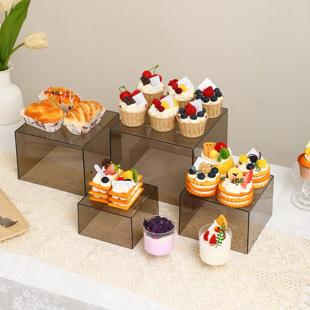 3pcs/4pcs Cube Glossy Black/Semi Transparent Black Acrylic Dessert Cake Display Stand Durable Wedding and Celebration Stand Oasis Select
