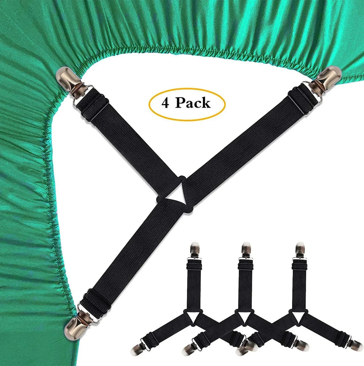 4 PCS Bed Sheet Holder Straps, Elastic Mattress Corner Clips 3 Way Fitted Bed Sheet Fastener Suspenders Grippers sheets bedding Oasis Select 4 black pieces One Size