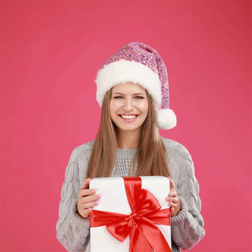 Double-Layer Sequin Santa Hat with Fluffy Pompom | Adults & Kids