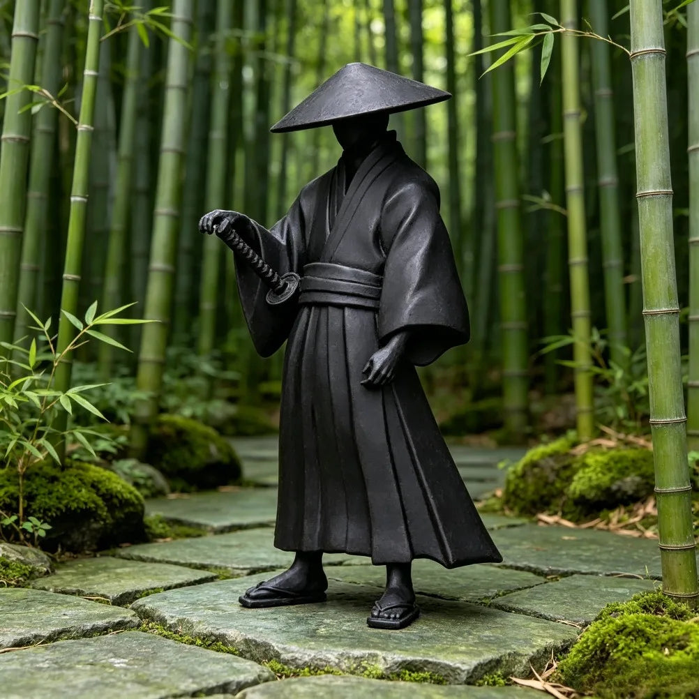 Wandering Ronin Statue Japanese Straw Hat Samurai Sculpture, Oriental Bushido Desktop Ornament for Study Room Home Decor Gift Oasis Select