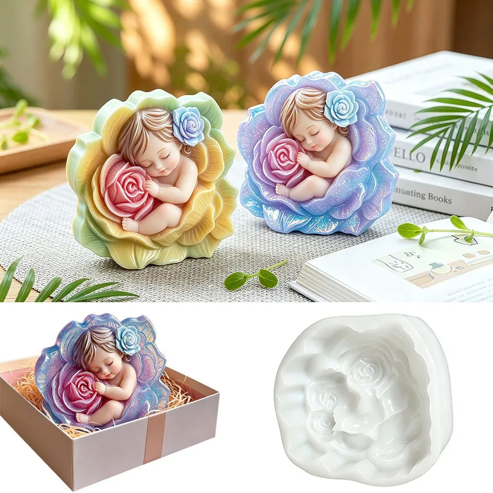 3D Sleeping Baby Rose Flower Silicone Candle Mold DIY Aromatherapy Gypsum Soap Resin Mould Handmade Craft Home Decor Oasis Select