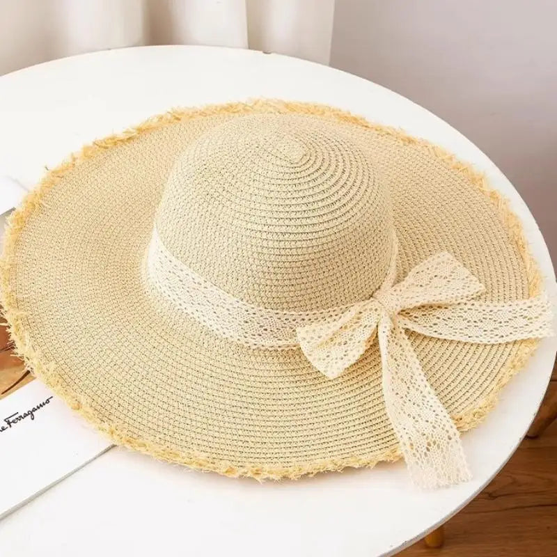 Women Bow Decor Oversize Big Brim Straw Hat Summer Outdoor Sun Block UV Protection Hat Lightweight Breathable Beach Headwear Oasis Select A1