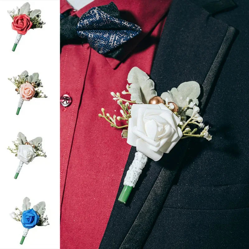 Boutonnieres Flowers Artificial White Roses Silk Ivory Corsage Buttonhole Groomsmen Boutonniere for Men Wedding Accessories Oasis Select