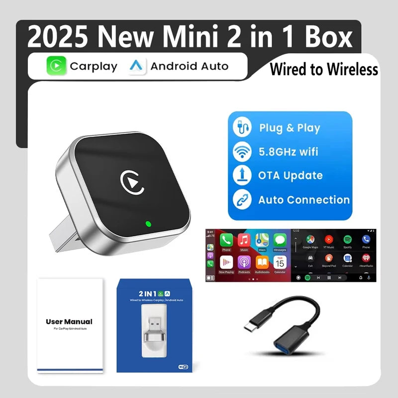 Plug & Play USB Dongle MiNi Universal Wireless CarPlay & Android Auto Adapter For VW, Toyota, Nissan, Honda, Ford, Benz & More Oasis Select Silver