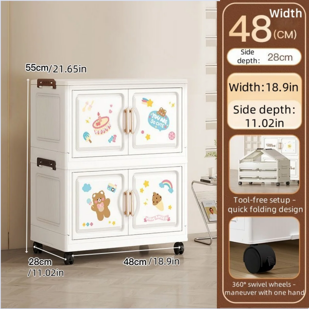 18.9 Inch Cartoon Foldable Storage Box,1-6 Tier Heavy-Duty Rolling Organizer,2 Colors for Bedroom/Living Room/Kitchen/Study Oasis Select 2 Layer Bear