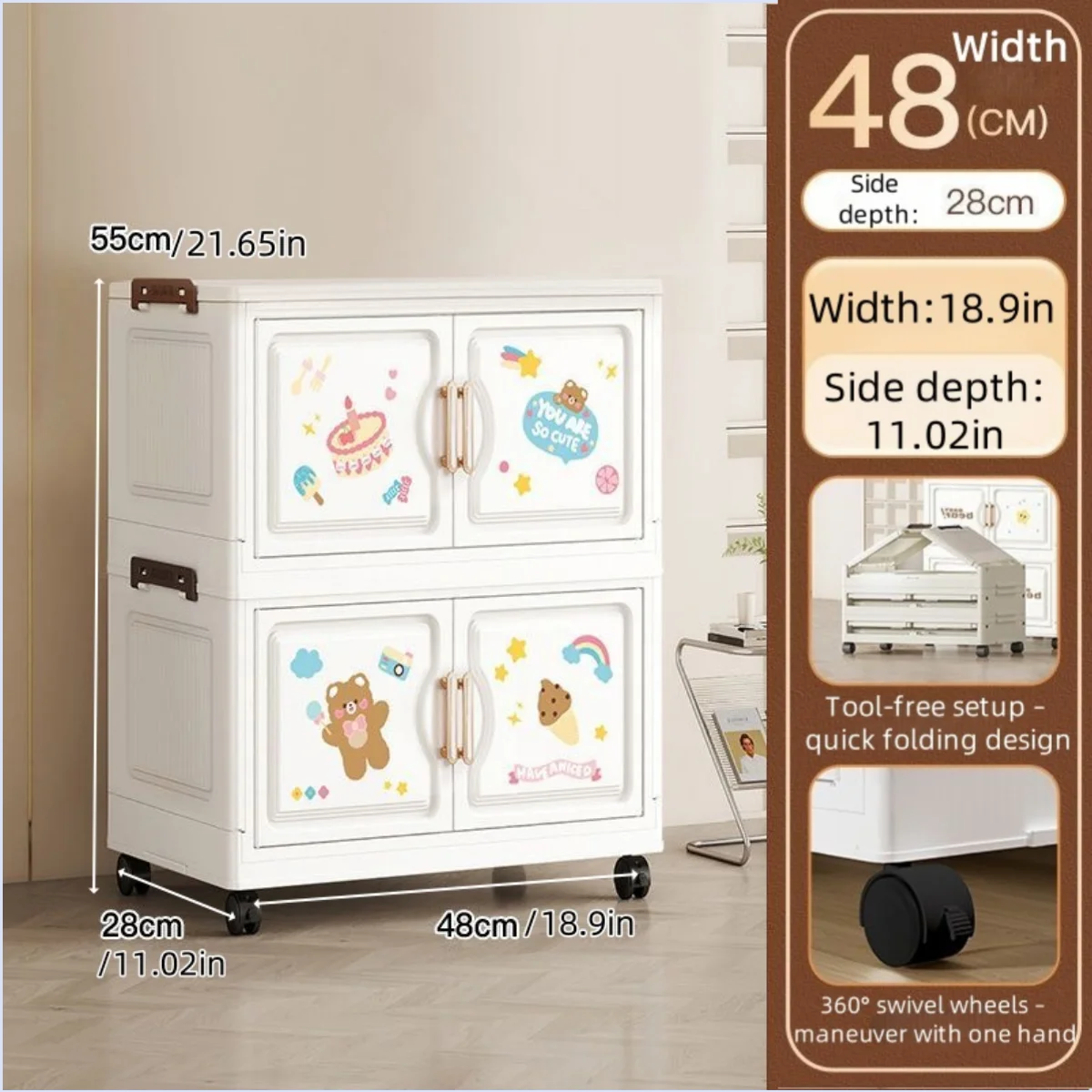 18.9 Inch Cartoon Foldable Storage Box,1-6 Tier Heavy-Duty Rolling Organizer,2 Colors for Bedroom/Living Room/Kitchen/Study Oasis Select 2 Layer Bear