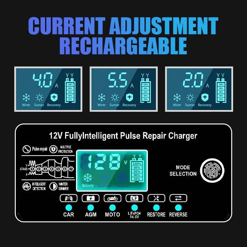 14.6V 6A LiFePO4 Battery Charger LCD Display 12V 6A Max Smart Pulse Repair Battery Charger For Car Moto Lead Acid AGM Batteries Oasis Select