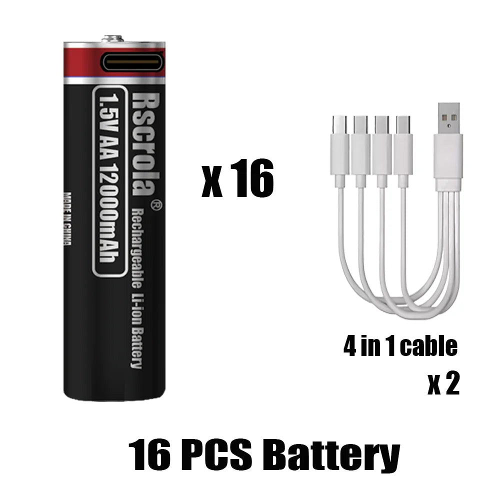 1.5V AA Lithium Battery Rechargeable 12000mAh USB-C Fast Charging, Constant Voltage for Smart Lock, Game Controller, Keyboard Oasis Select 16 pcs AA Batteries 1.5V