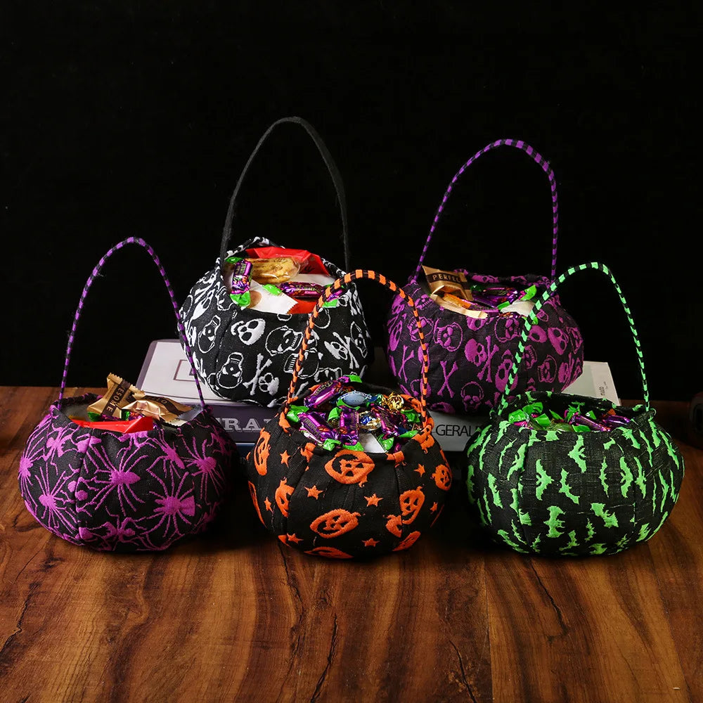 Halloween Trick-or-Treat Bag Pumpkin Bat Spider Skull Head Kids Candy Bucket Goodie Bags Suitable Multi Function Handle Basket Oasis Select