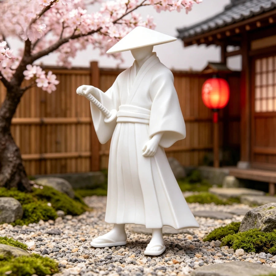 Wandering Ronin Statue Japanese Straw Hat Samurai Sculpture, Oriental Bushido Desktop Ornament for Study Room Home Decor Gift Oasis Select White