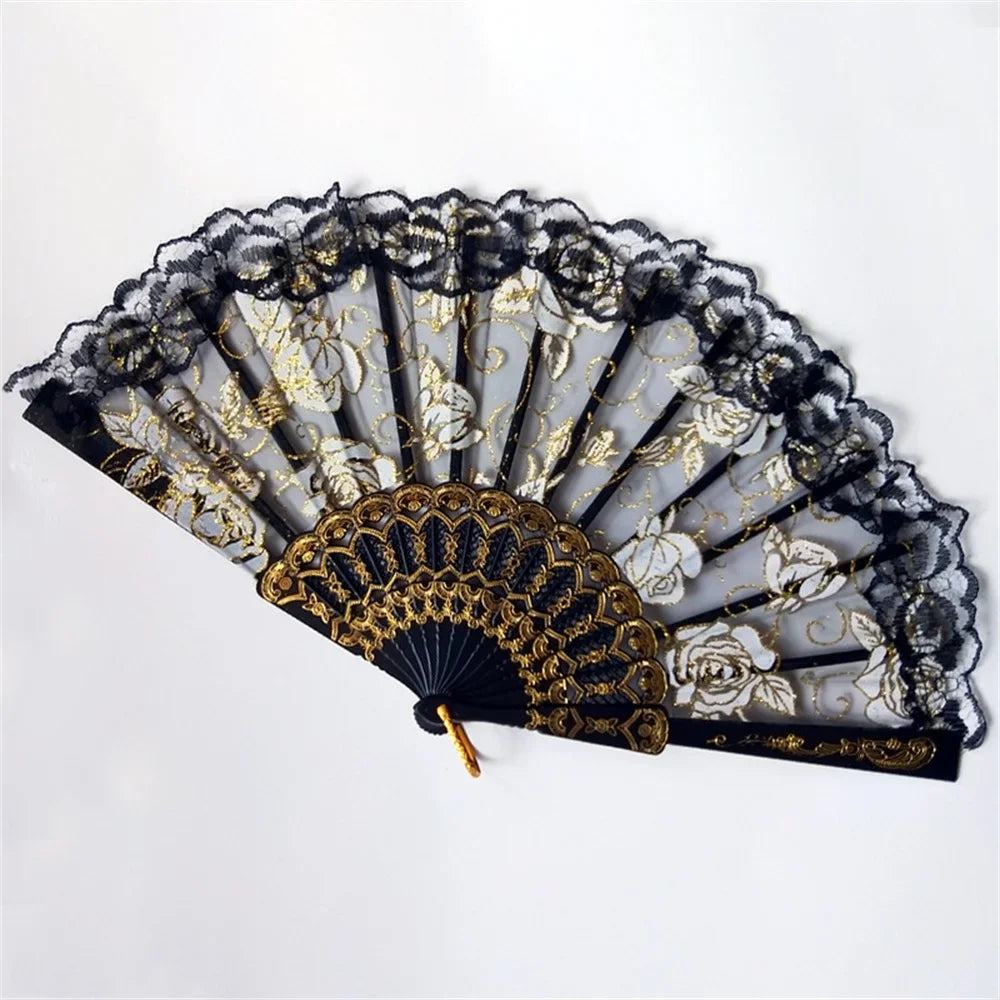23 Colors Lace OR Cloth Spanish Fabric Silk Folding Hand Held Dance Fan Flower Party Wedding Prom Dancing Summer Fan Accessories Oasis Select black A