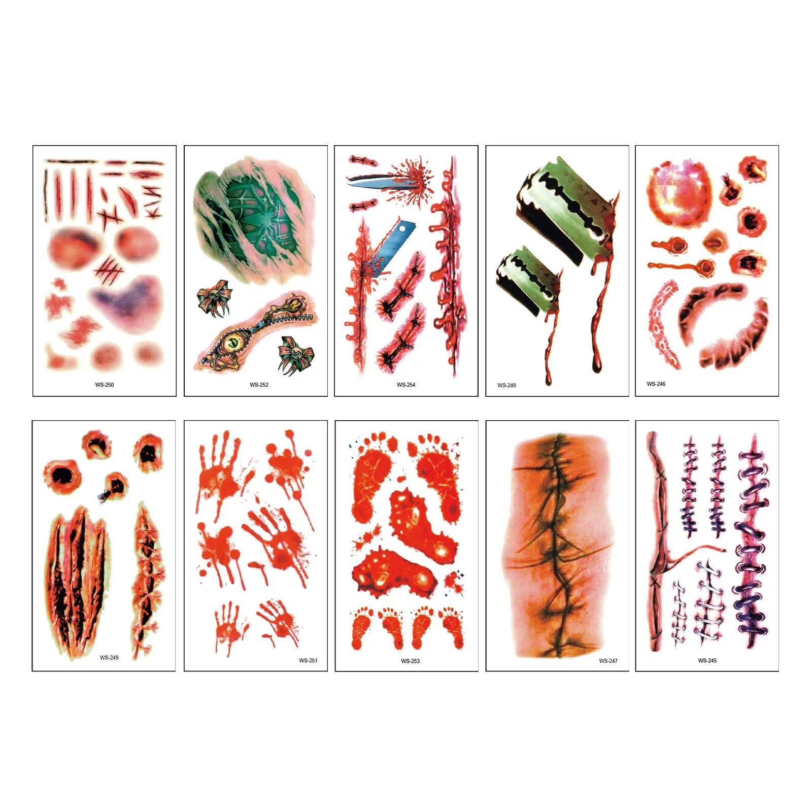 Halloween Wound Scar Tattoo Stickers – 10 Sheets, 120+ Designs Temporary Tattoo Stickers Oasis Select Green