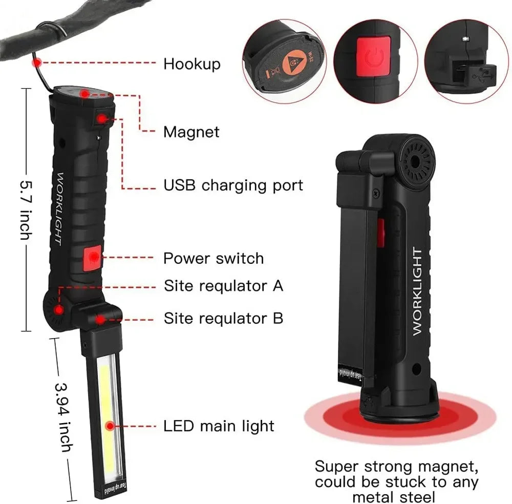 USB Rechargeable COB LED Flashlight | Magnetic, 5 Modes