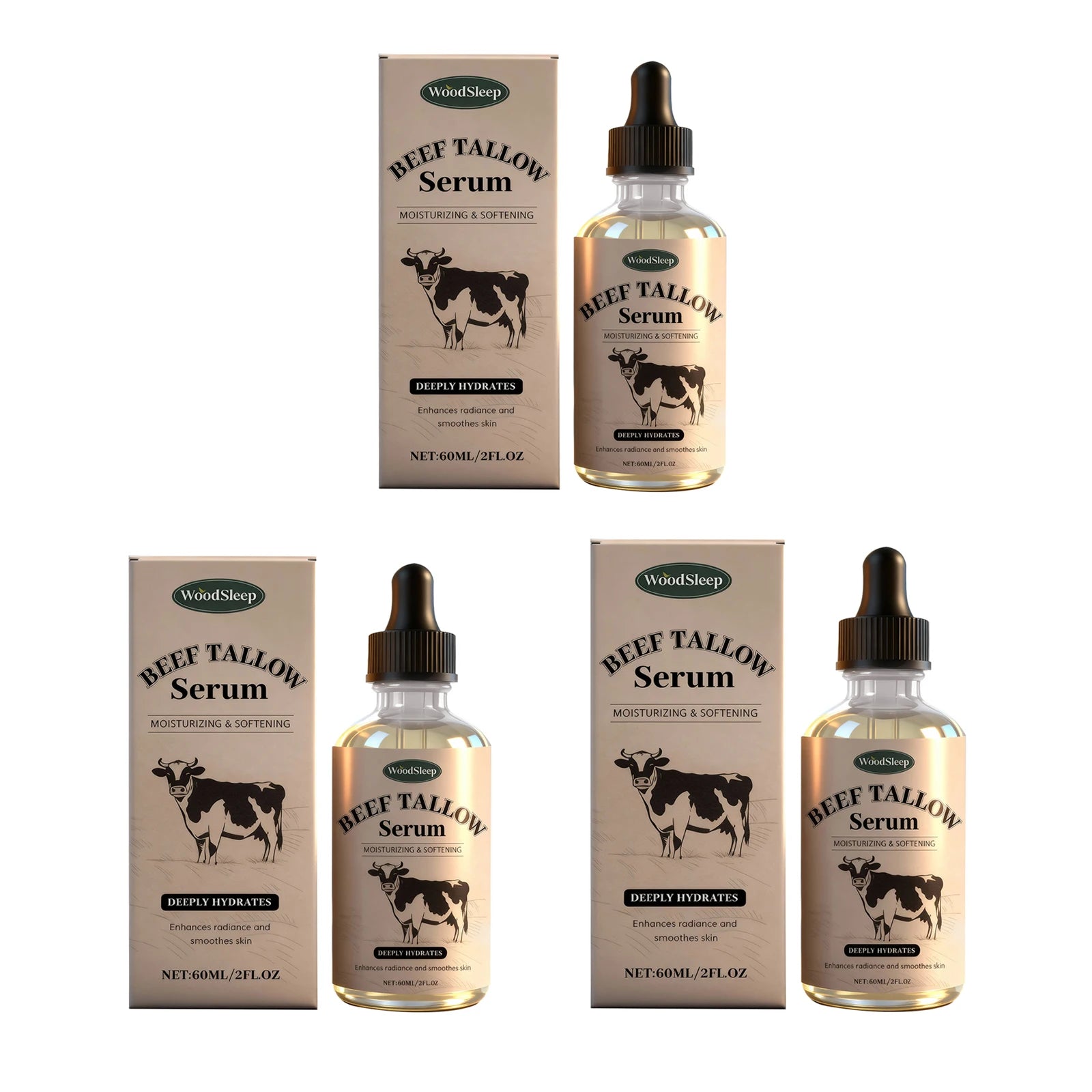 WOODSLEEP Beef Tallow Face Serum – Hydrating & Brightening Face Serum Oasis Select 3pcs X 60ml