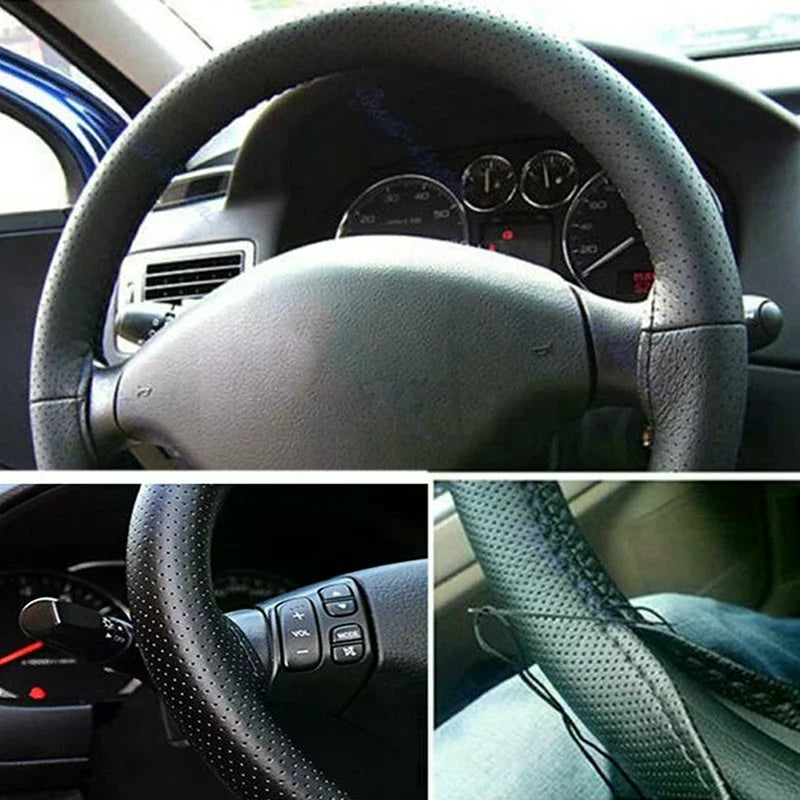 New Car Truck Leather Steering Wheel Cover With Needles and Thread Black DIY Oasis Select