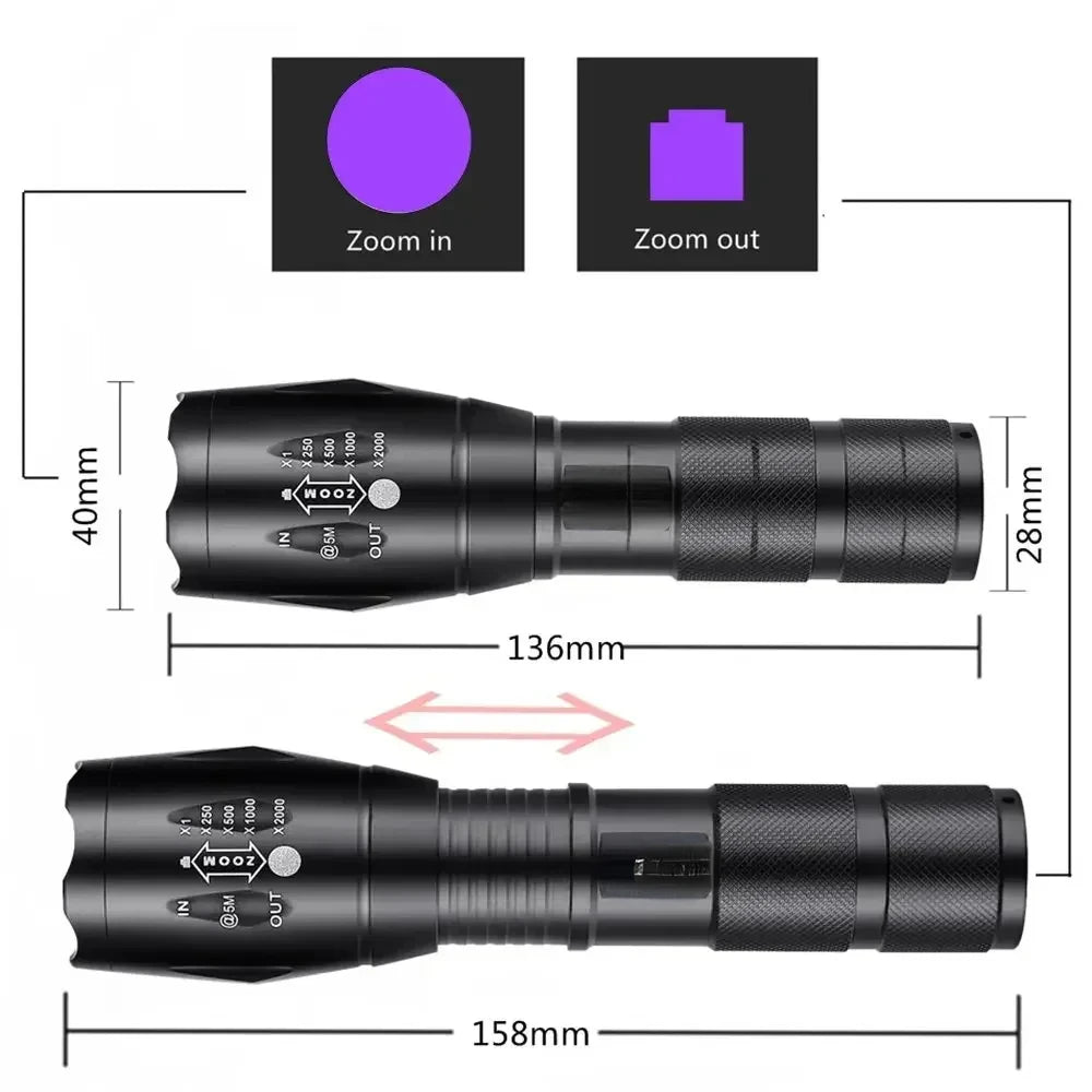 Zoom UV LED Flashlight 365nm 395nm Invisible Ink Marker Cat Dog Urine Tinea Ore Money Scorpion Fluorescence Light Use AAA 18650 Oasis Select