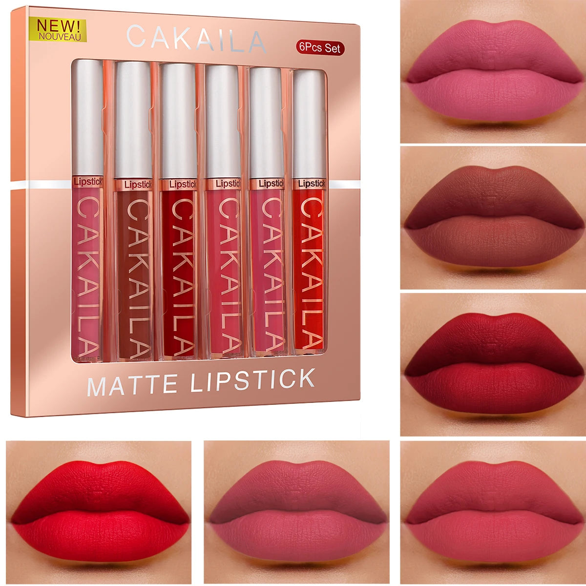 CAKAILA 6-Color Lip Gloss Lipstick Set Liquid Matte Velvet Matte Women's Makeup Long-lasting Waterproof Non-stick Cup Non-fade Oasis Select