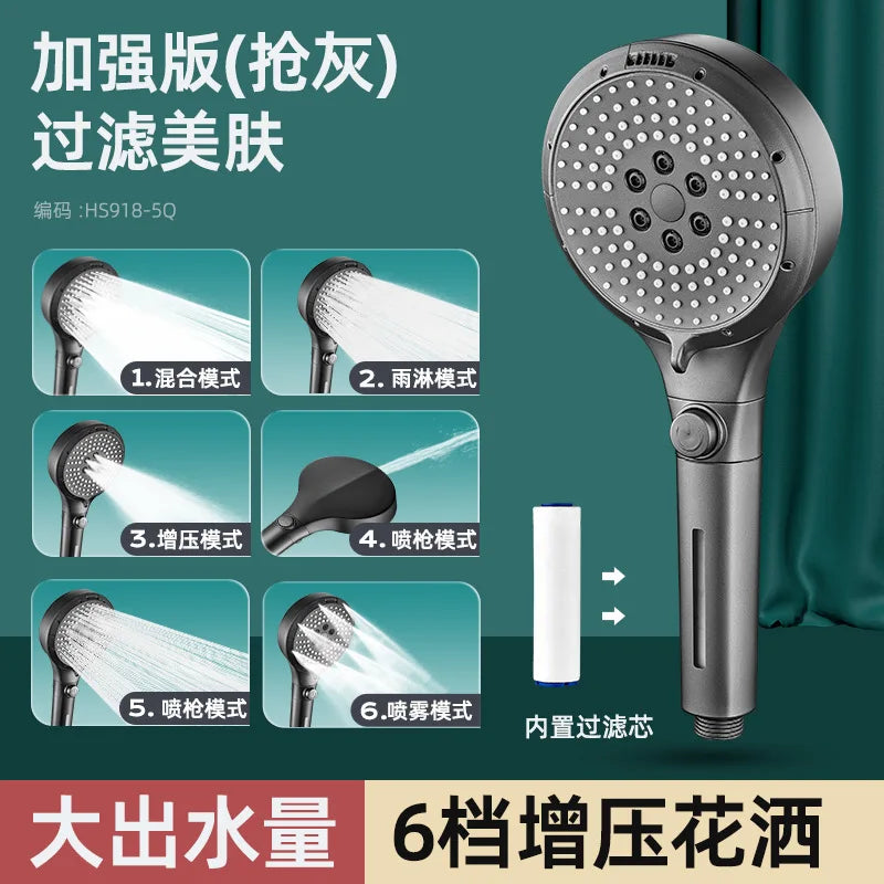 New 6 Modes Shower Head High Pressure Shower One-Key Stop Water Massage Shower Head With Filter Element Bathroom Set Accessories Oasis Select Grey Shower