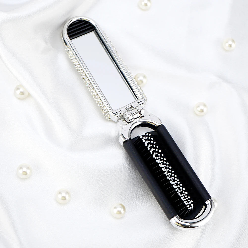 Crystal Foldable Hair Brush with Mirror – Compact Pocket Size Foldable Hair Brush Oasis Select SZ223