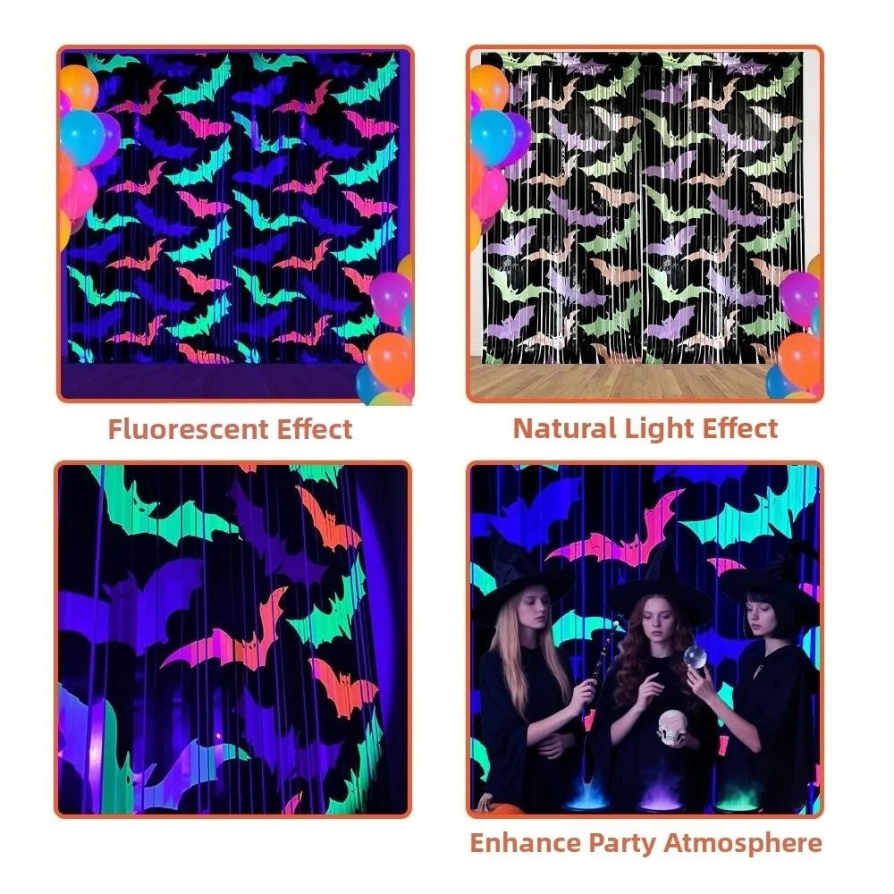 1x2M Fluorescent Tinsel Curtain Bat Pattern Cartoon Wall Hanging Bat Pendants Funny Reusable Scary Background Wall Tassel Oasis Select