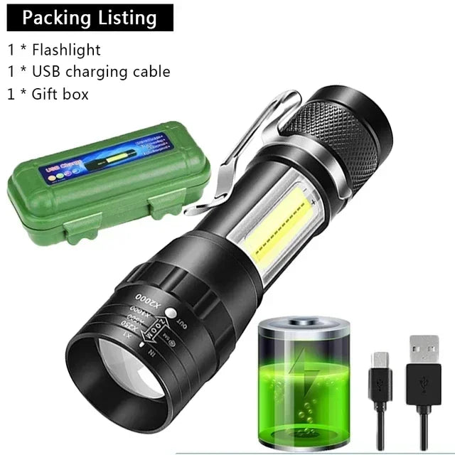 USB Mini Rechargeable Flashlight COB+XPE LED Zoomable Torch Built-in Battery 3 Lighting Modes Outdoor Camping Emergency Lantern Oasis Select 1pc With Box