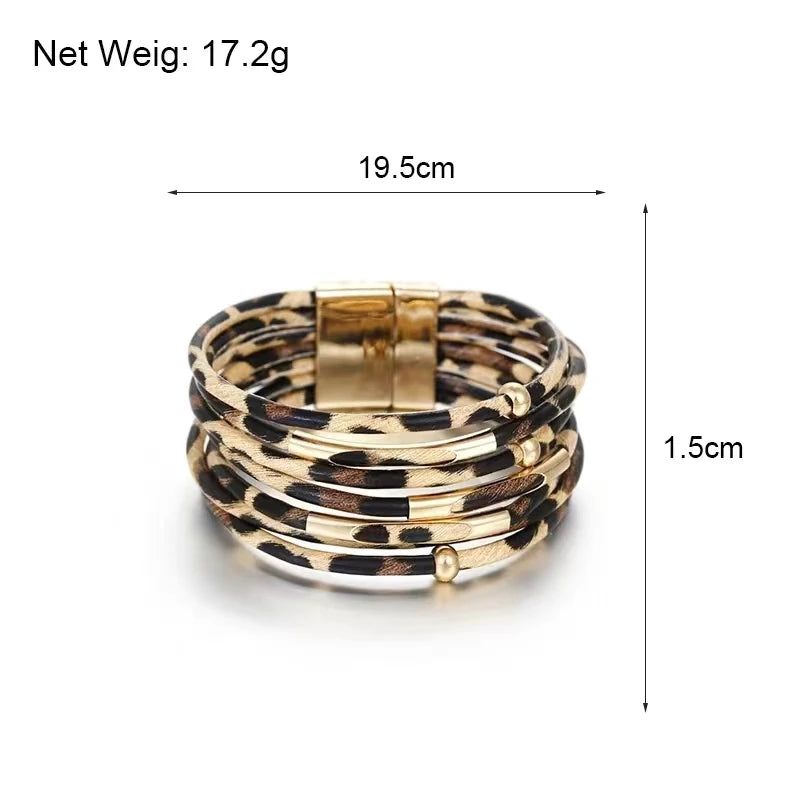 Vintage Metal Tube Leopard Leather Bracelet For Women Men Boho Multilayer Wrap Wide Bracelet Charm Jewelry Oasis Select