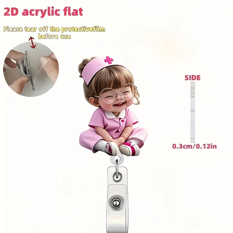 2D Flat， Cute Nurse ID Badge Holder with Glasses Pattern & Retractable Drawstring Oasis Select
