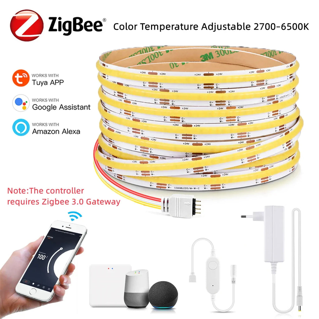 Zigbee COB LED Strip Light 24V Dimmable Color Temperature 2700K-6500K Change Cabinet Backlight Tape Works with Tuya Alexa Google Oasis Select