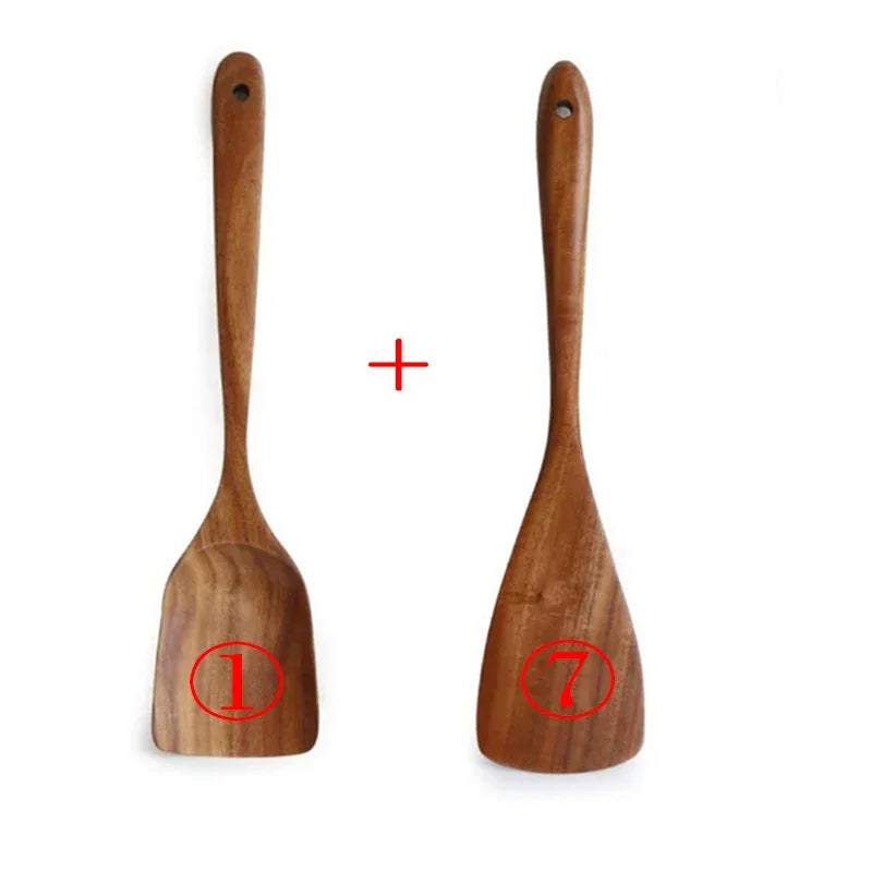 7pcs/set Teak Natural Wood Tableware Spoon Ladle Turner Rice Colander Soup Skimmer Cooking Spoon Scoop Kitchen Reusable Tool Kit Oasis Select 2PC 17