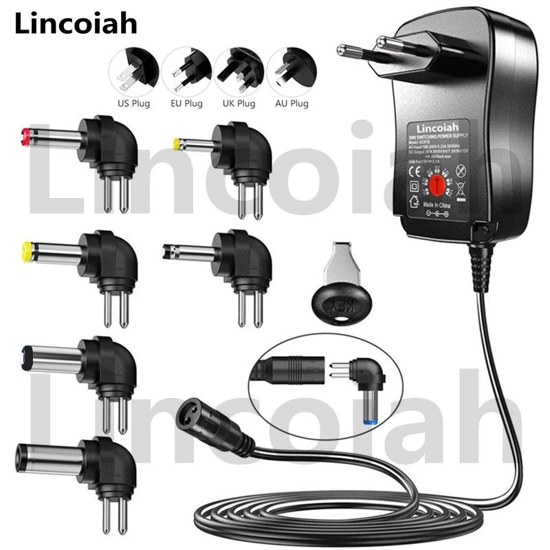 Universal Adapter AC 100-240V DC 3V 4.5V 5V 6V 7.5V 9V 12V 30W Multi-function Adjustable Power Supply for LED Light Strip Camera Oasis Select EU