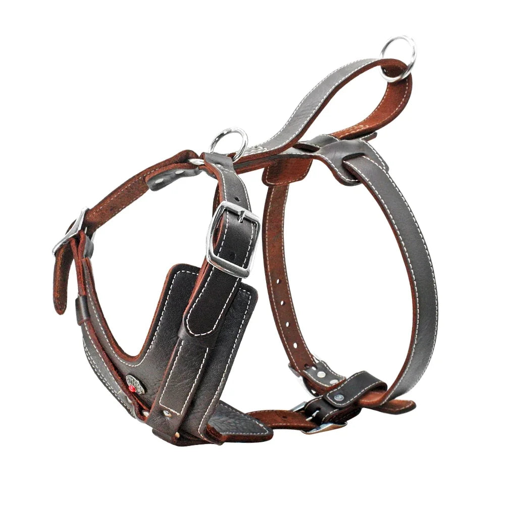 Durable Dog Harness Large Dogs Genuine Leather Harnesses Pet Training Vest With Quick Control Handle For Labrador Pitbull Oasis Select Brown 2XL