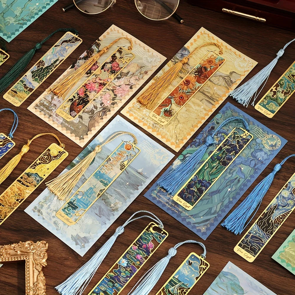 Vintage Oil Painting Metal Bookmarks - Hollow Hot Stamping Long Tassel Bookmarks - Stationery Gifts for Book Clubs, Book Lovers, Oasis Select