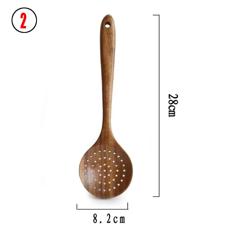7pcs/set Teak Natural Wood Tableware Spoon Ladle Turner Rice Colander Soup Skimmer Cooking Spoon Scoop Kitchen Reusable Tool Kit Oasis Select 2