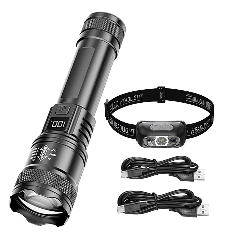 Rechargeable LED Flashlight Zoomable Torch with LCD Display 3 Modes Waterproof High Power Hand Light Outdoor Wilderness Camping Oasis Select Package List A ZOOM Built in battery
