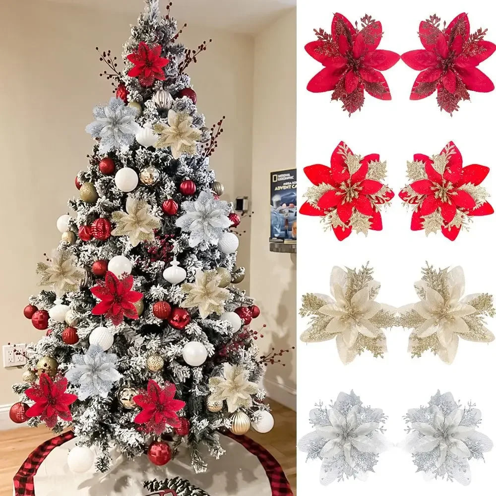 10-Pack Glitter Christmas Flower Ornaments 14cm | Pink Gold Red