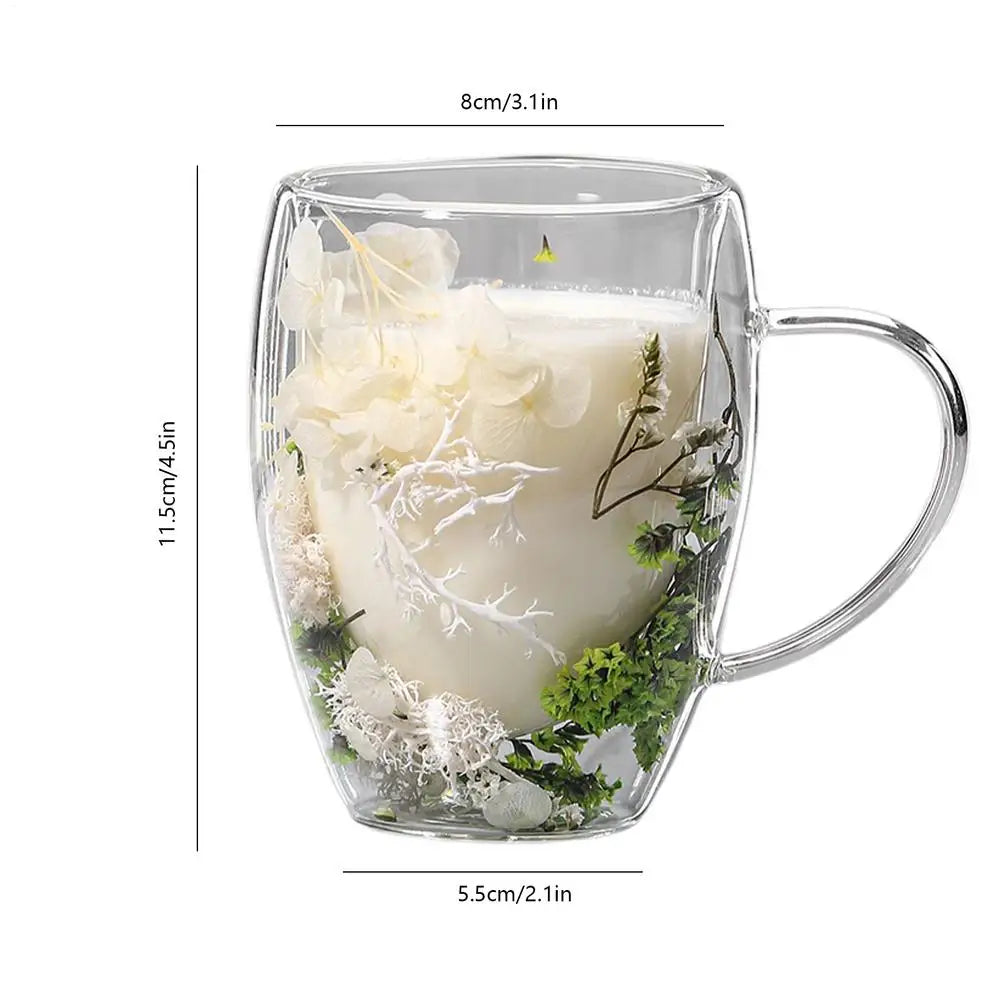 Double Wall Glass Cup Dried Flowers Glass Cup 350ml Anti-Scalding Mug Coffee Mug for Milk Chocolate Tea Juice Hot Cold Beverages Oasis Select Green 301-400ml