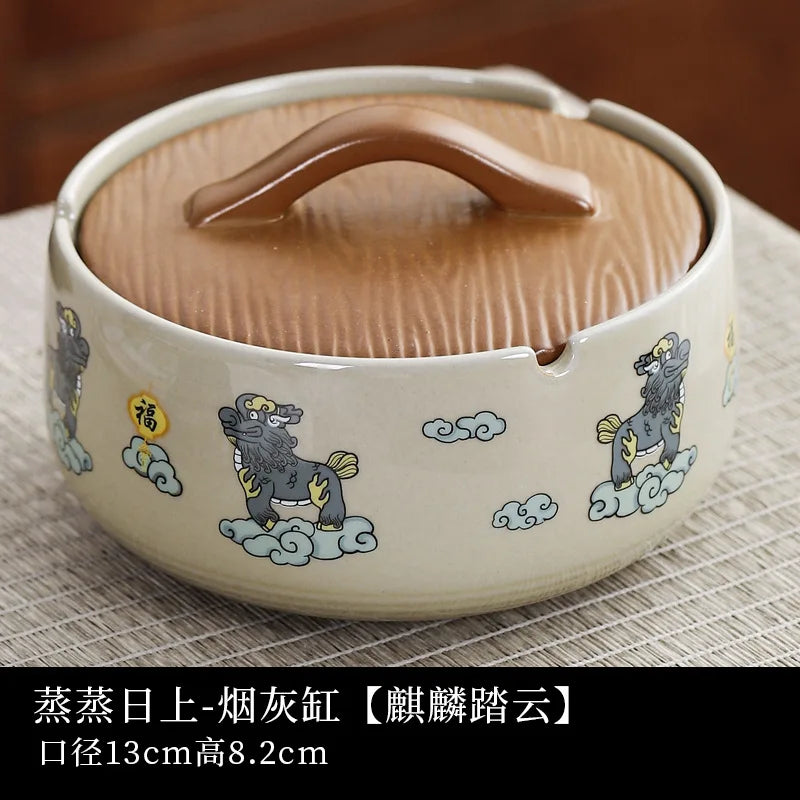 Ceramic Large Ashtray with Lid Anti-flying Dust Personalized Fashionable Household Living Room Office Retro Large Ashtray Oasis Select white