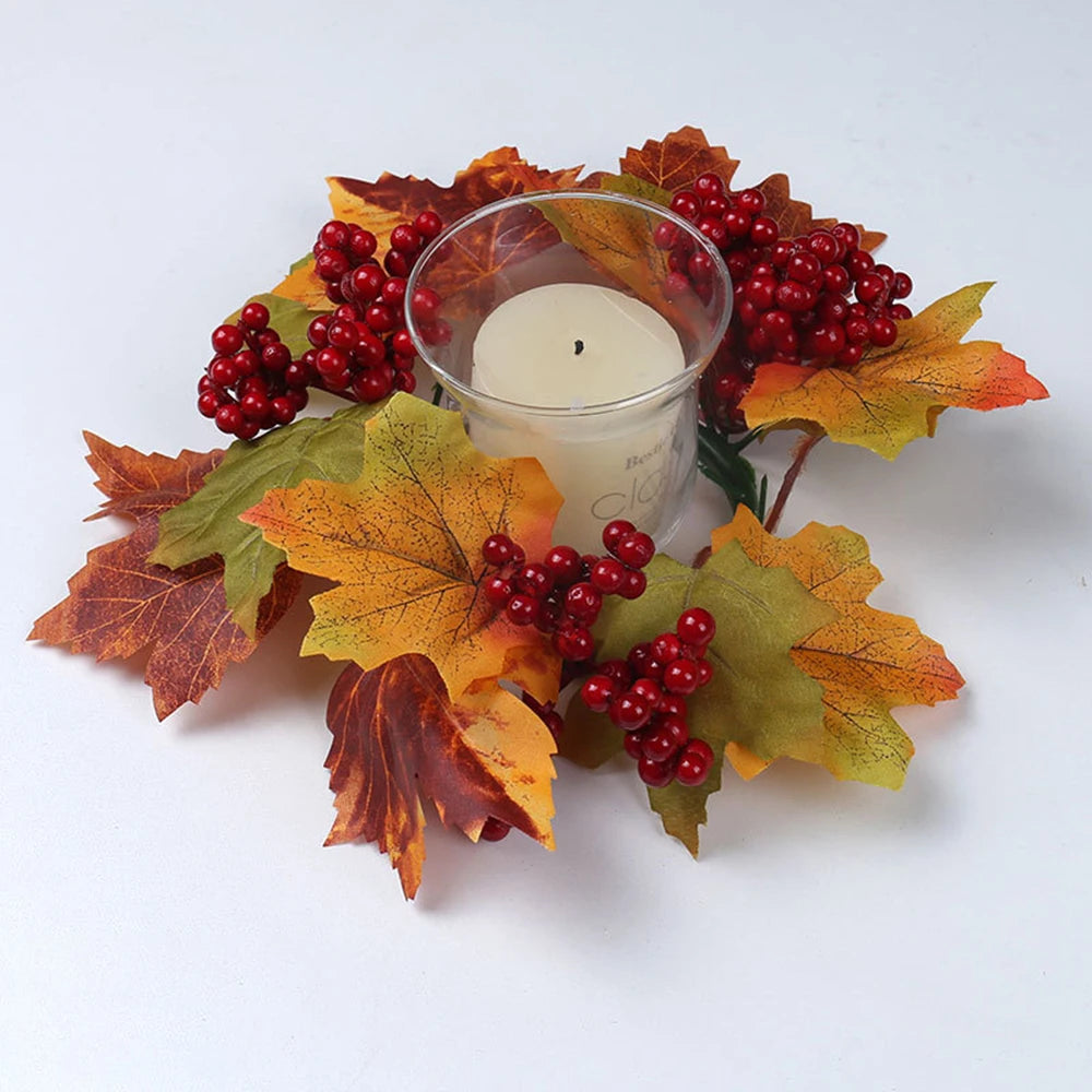 Thanksgiving Candle Ring – Maple Leaves & Pumpkin Fall Wreath